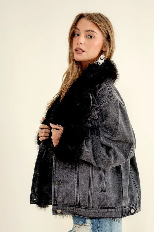 NEW!! Penny Faux Fur Denim Jacket in Black sold by Glitzy Bella