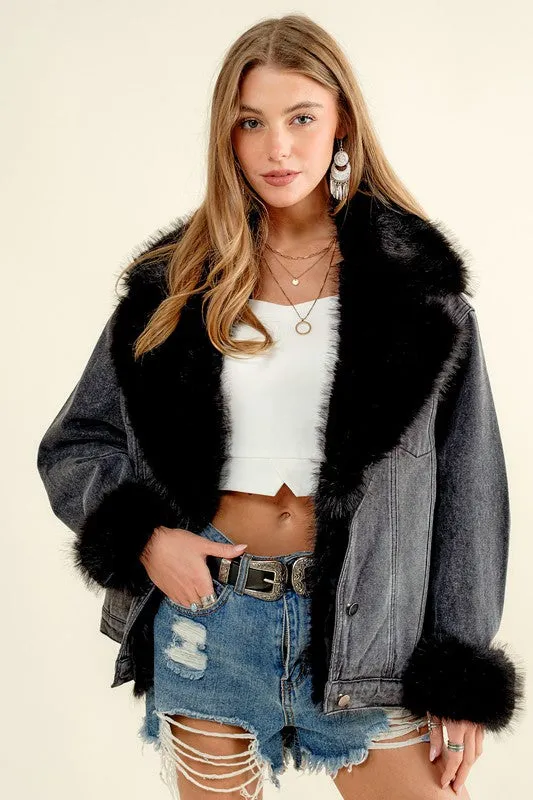 NEW!! Penny Faux Fur Denim Jacket in Black sold by Glitzy Bella product image thumbnail 2