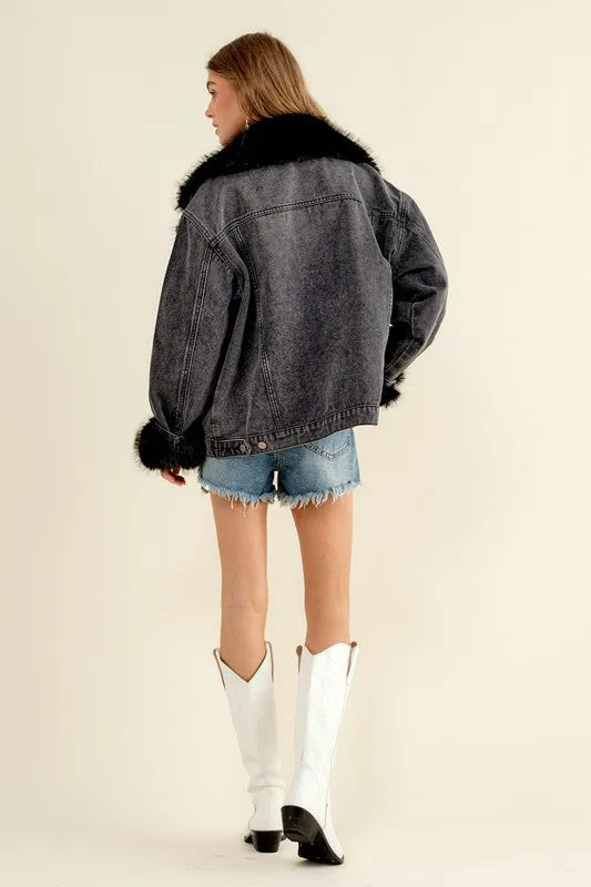 NEW!! Penny Faux Fur Denim Jacket in Black sold by Glitzy Bella product image thumbnail 3