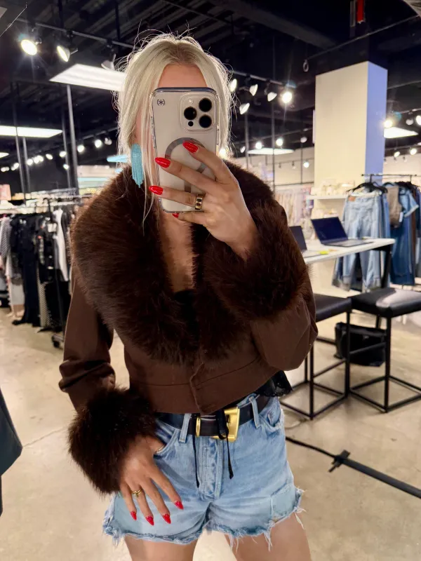 NEW!! Harley Fur Trim Denim Jacket in Brown sold by Glitzy Bella