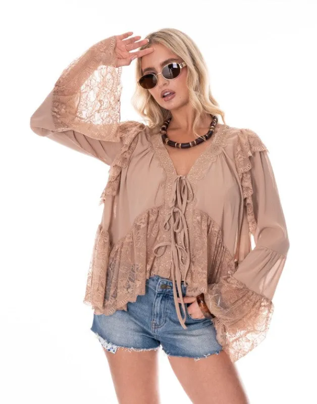 NEW!! “Canyon” Lace Trim Top in Nude sold by Glitzy Bella