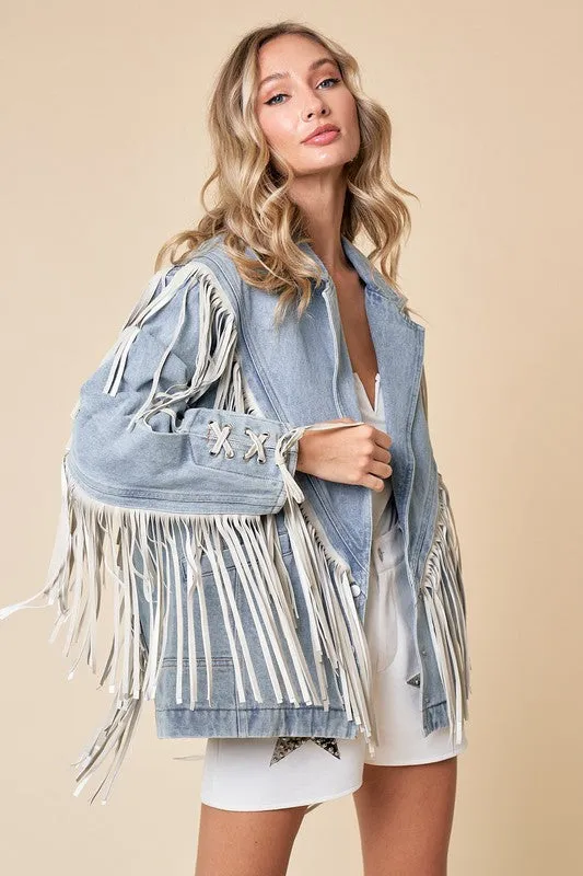 NEW!! "Aspen" Fringe Denim Jacket in Light Wash made by Glitzy Bella