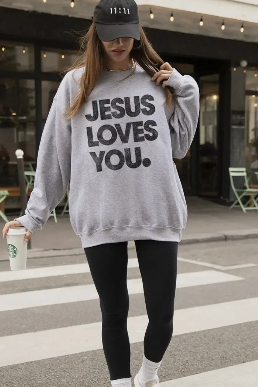 NEW!! “Jesus Loves You" Sweatshirt in Grey sold by Glitzy Bella product image thumbnail 2