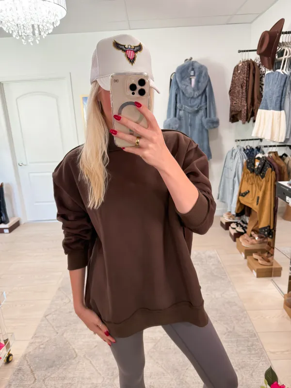 NEW!! "Lounge Mode" Mockneck Sweatshirt in Mocha sold by Glitzy Bella