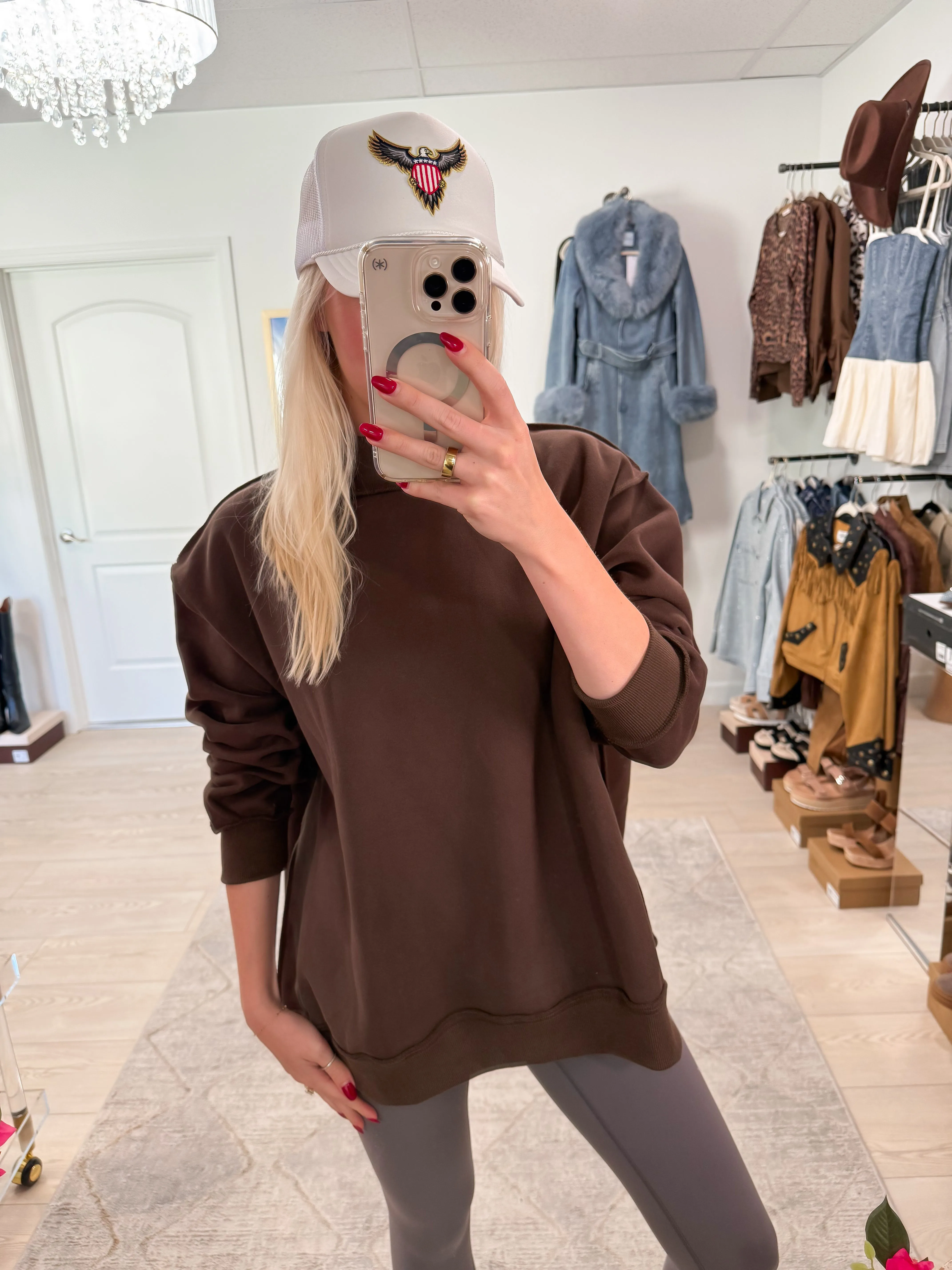 NEW!! "Lounge Mode" Mockneck Sweatshirt in Mocha sold by Glitzy Bella