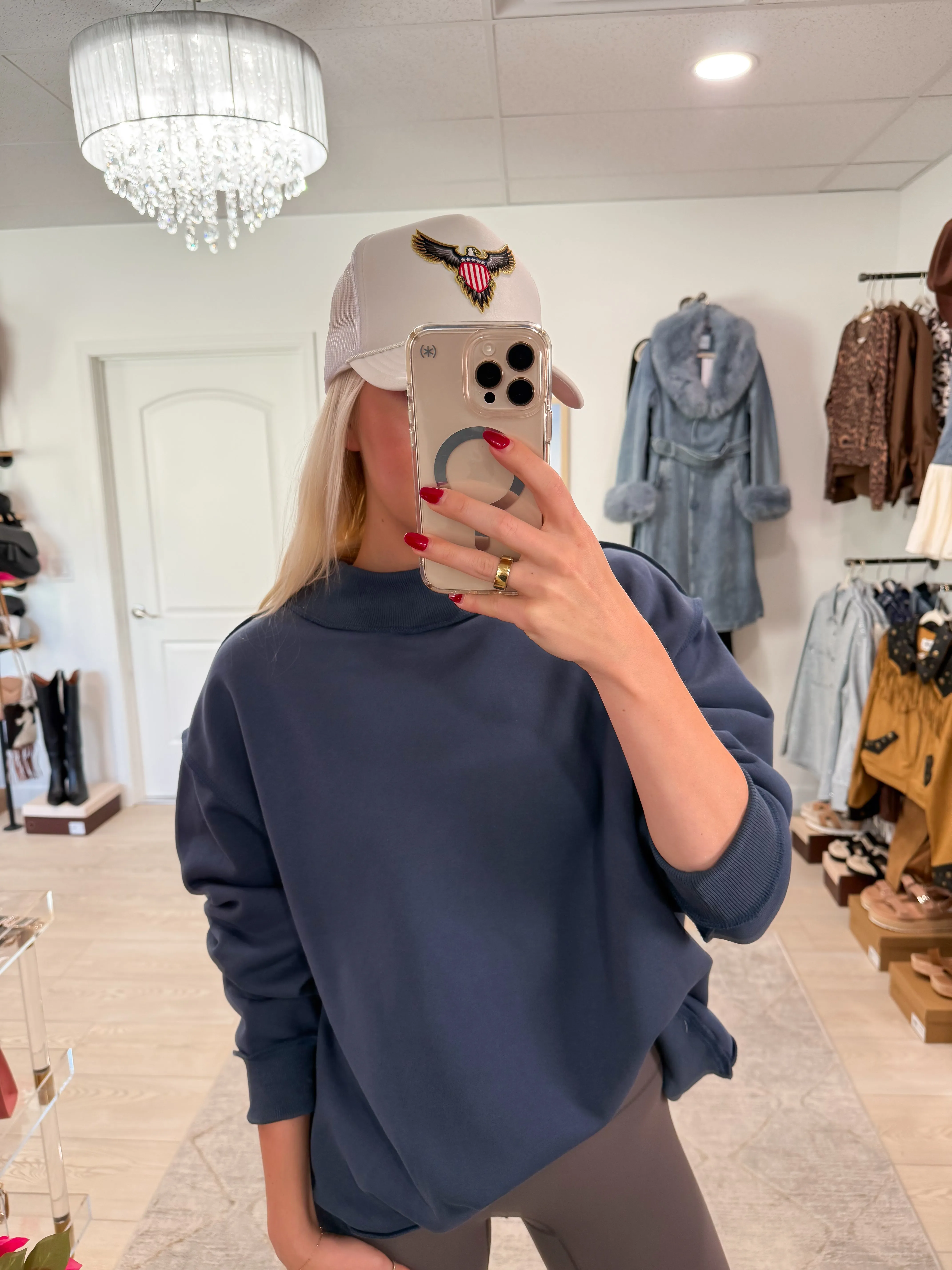 NEW!! "Lounge Mode" Mockneck Sweatshirt in Denim Blue sold by Glitzy Bella