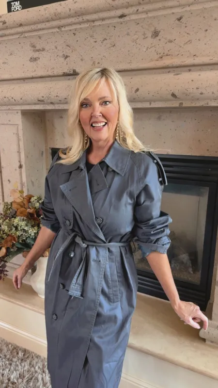 NEW!! Vintage YSL Blue/Grey Trench Coat Size L/XL made by Glitzy Bella