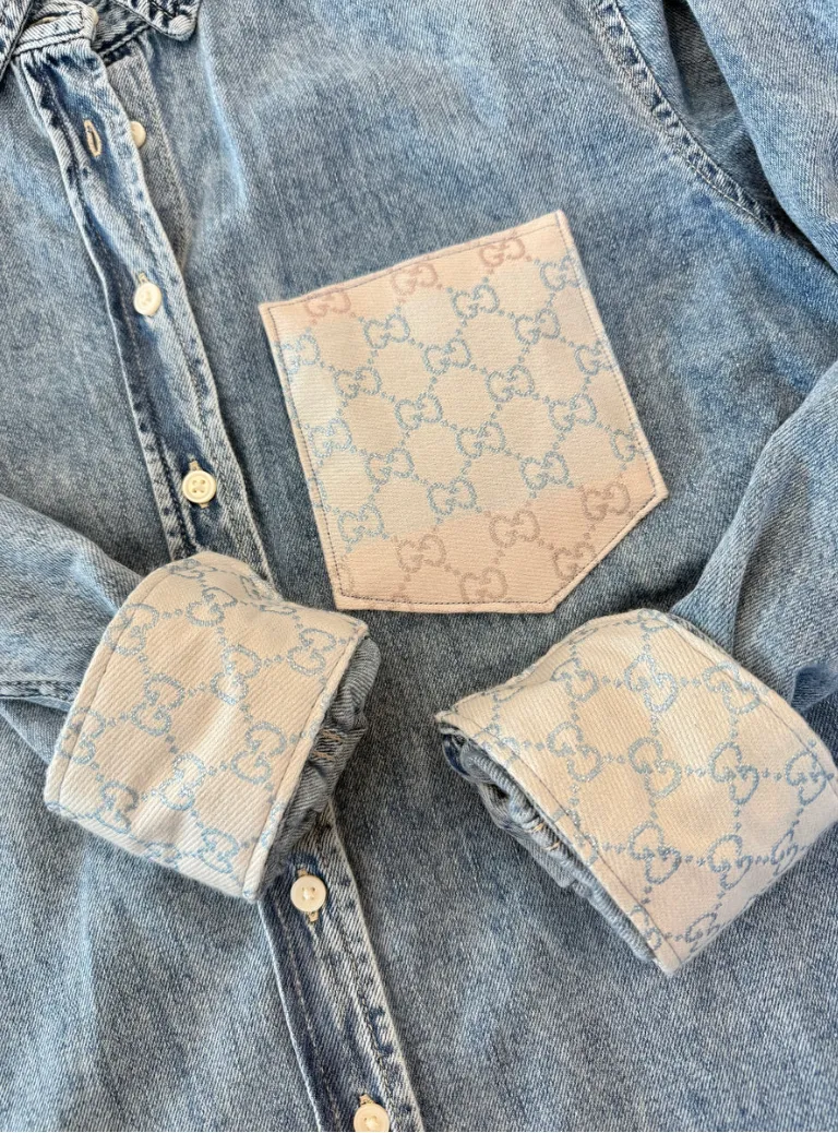 Designer Repurposed Denim Shirt w/ Designer Beige Scarf sold by Glitzy Bella product image thumbnail 3