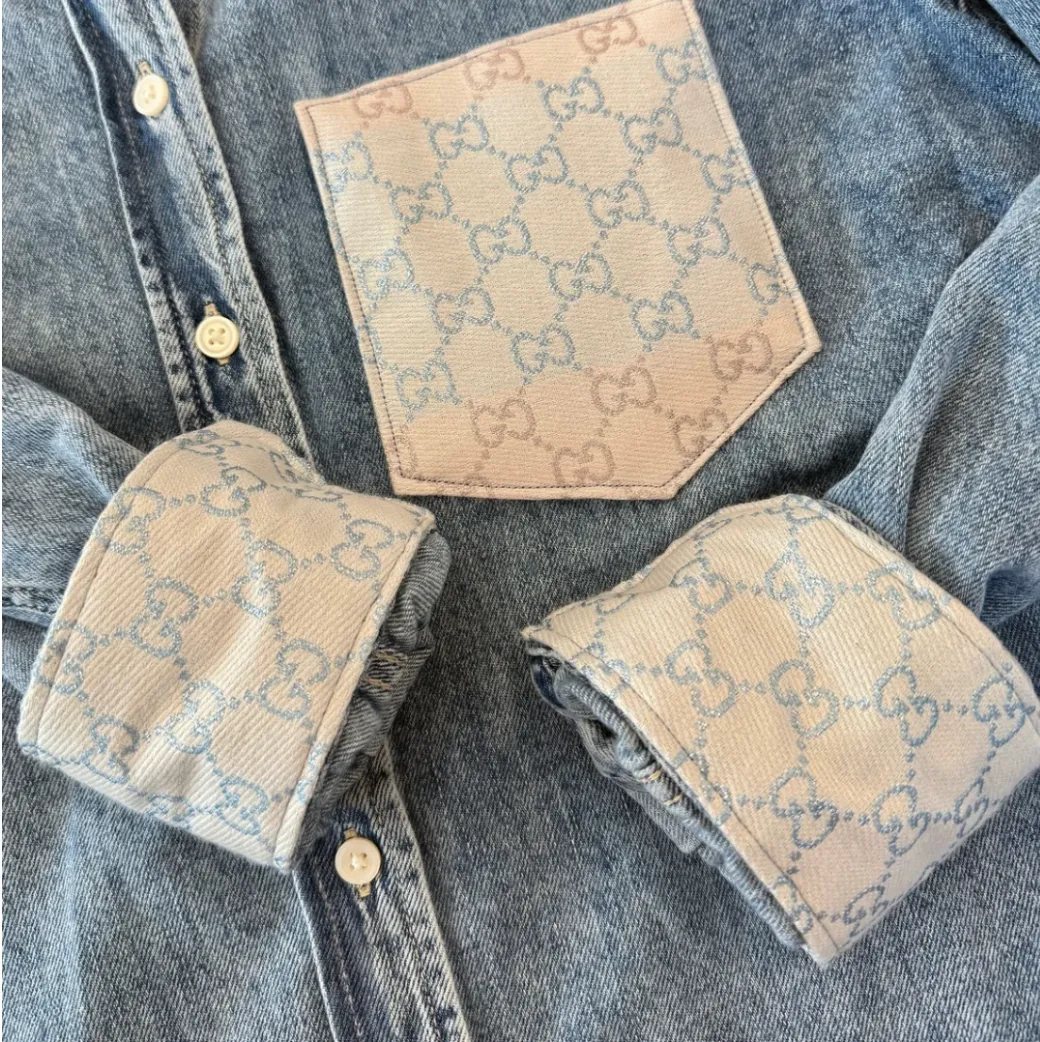Designer Repurposed Denim Shirt w/ Designer Beige Scarf sold by Glitzy Bella product image thumbnail 4