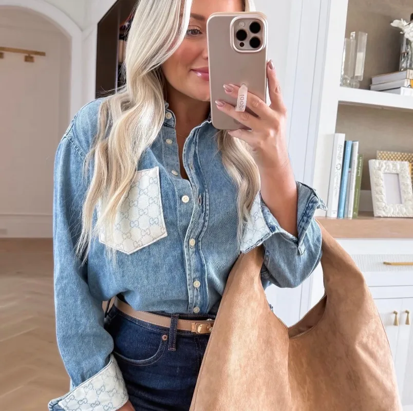 LIMITED EDITION!! Designer Repurposed Denim Shirt w/ Designer Beige Scarf sold by Glitzy Bella