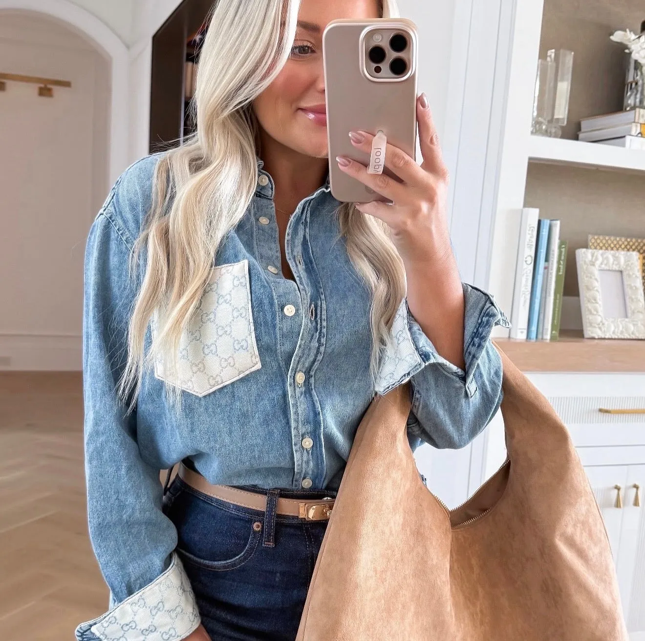 Designer Repurposed Denim Shirt w/ Designer Beige Scarf sold by Glitzy Bella