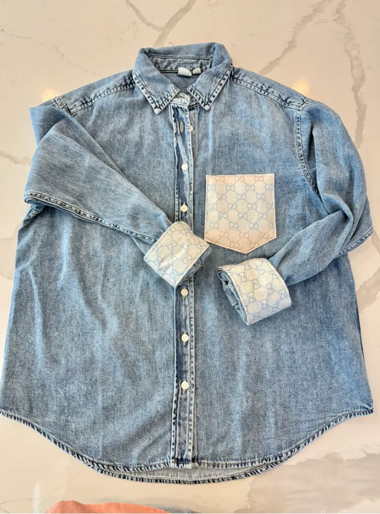 Designer Repurposed Denim Shirt w/ Designer Beige Scarf sold by Glitzy Bella product image thumbnail 2