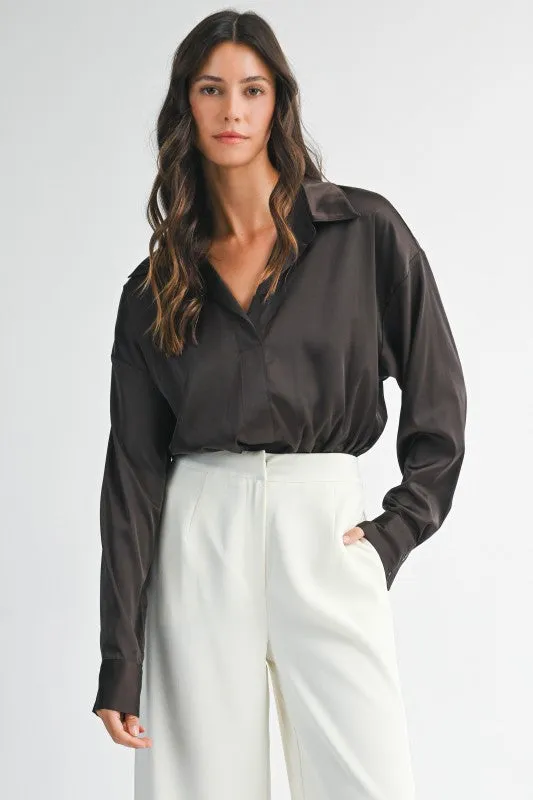 PREORDER!! Oversized Button Down Bodysuit in Brown sold by Glitzy Bella