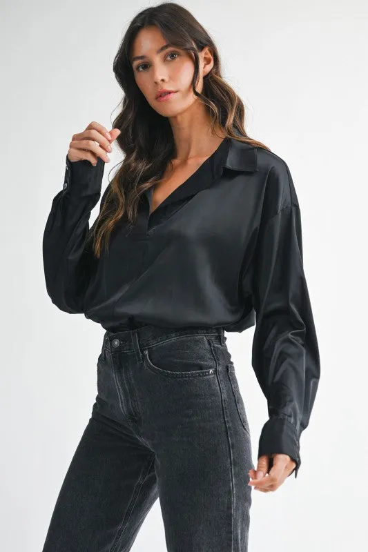 PREORDER!! Oversized Button Down Bodysuit in Black sold by Glitzy Bella