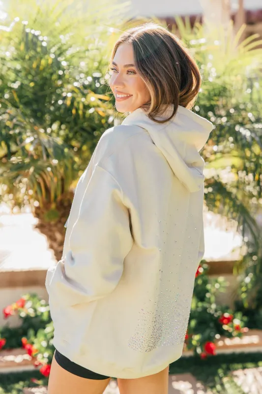 NEW!! Crystal Drawstring Sweatshirt w/ Cluster in Tan sold by Glitzy Bella