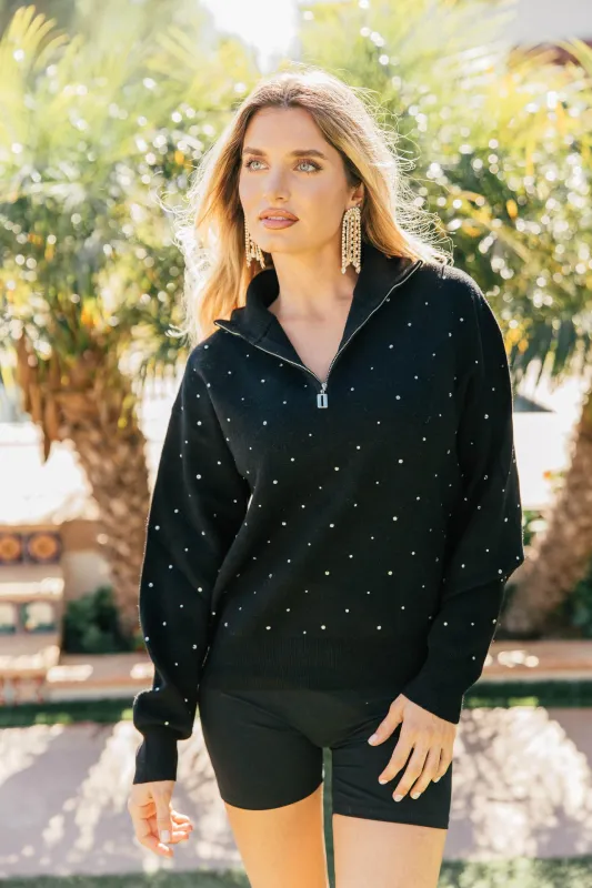 NEW!! Rhinestone Half Zip Sweatshirt in Black sold by Glitzy Bella