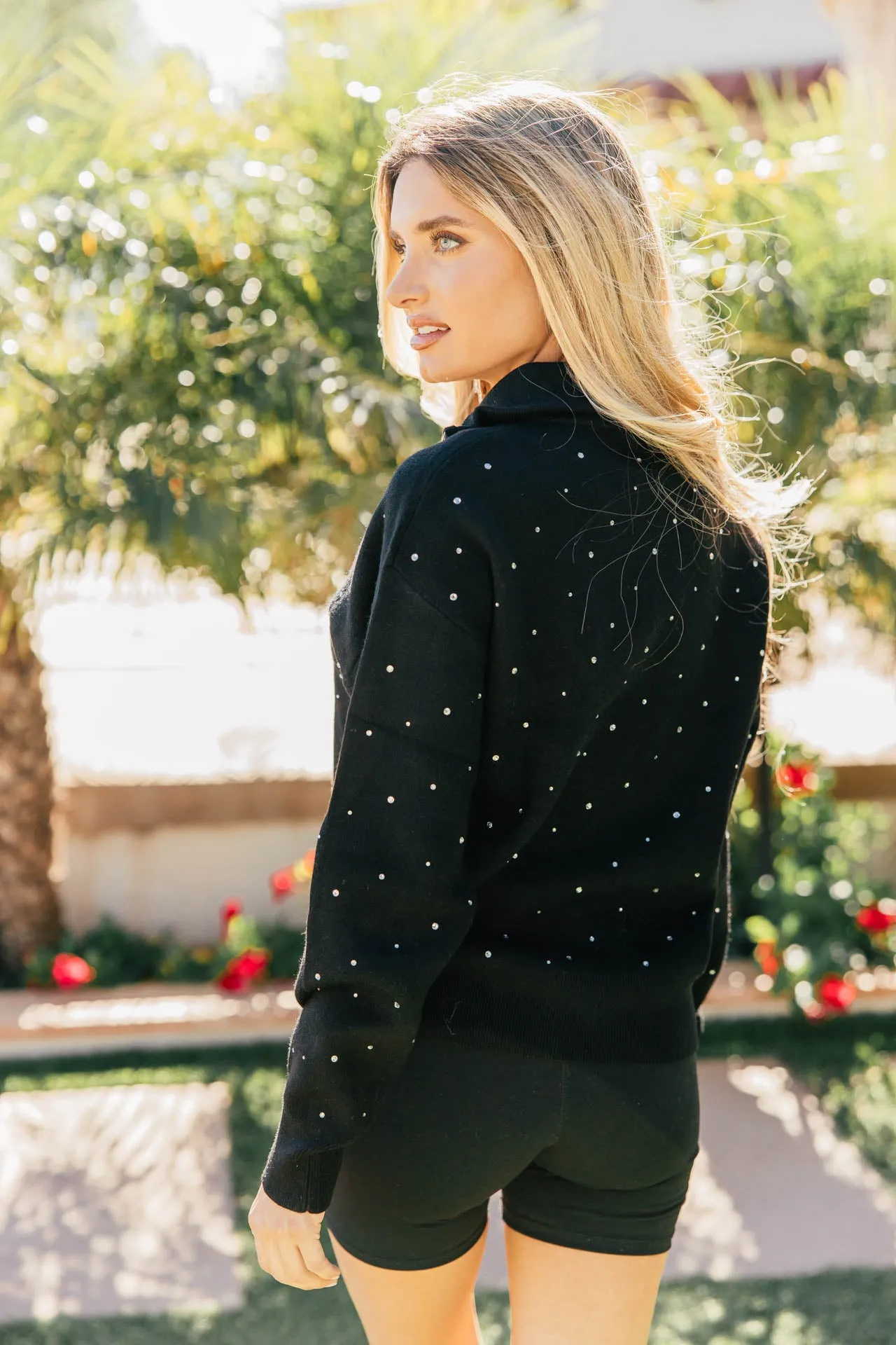 NEW!! Rhinestone Half Zip Sweatshirt in Black sold by Glitzy Bella product image thumbnail 2