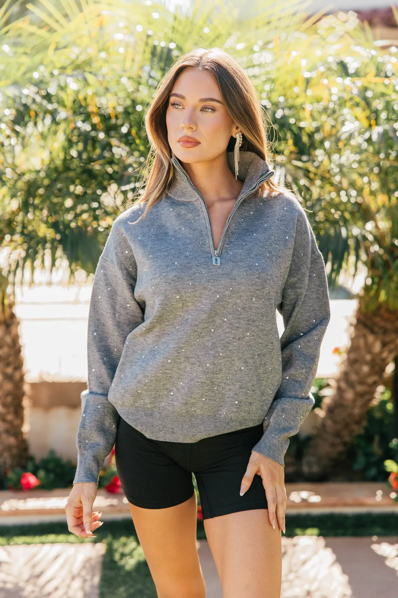NEW!! Rhinestone Half Zip Sweatshirt in Grey sold by Glitzy Bella product image thumbnail 2