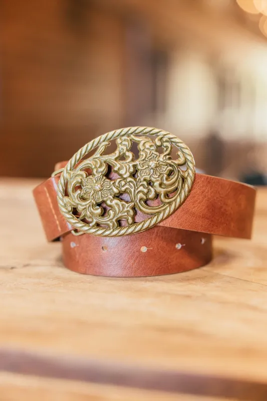 NEW!! "Gold Standard" Western Belt in Cognac sold by Glitzy Bella