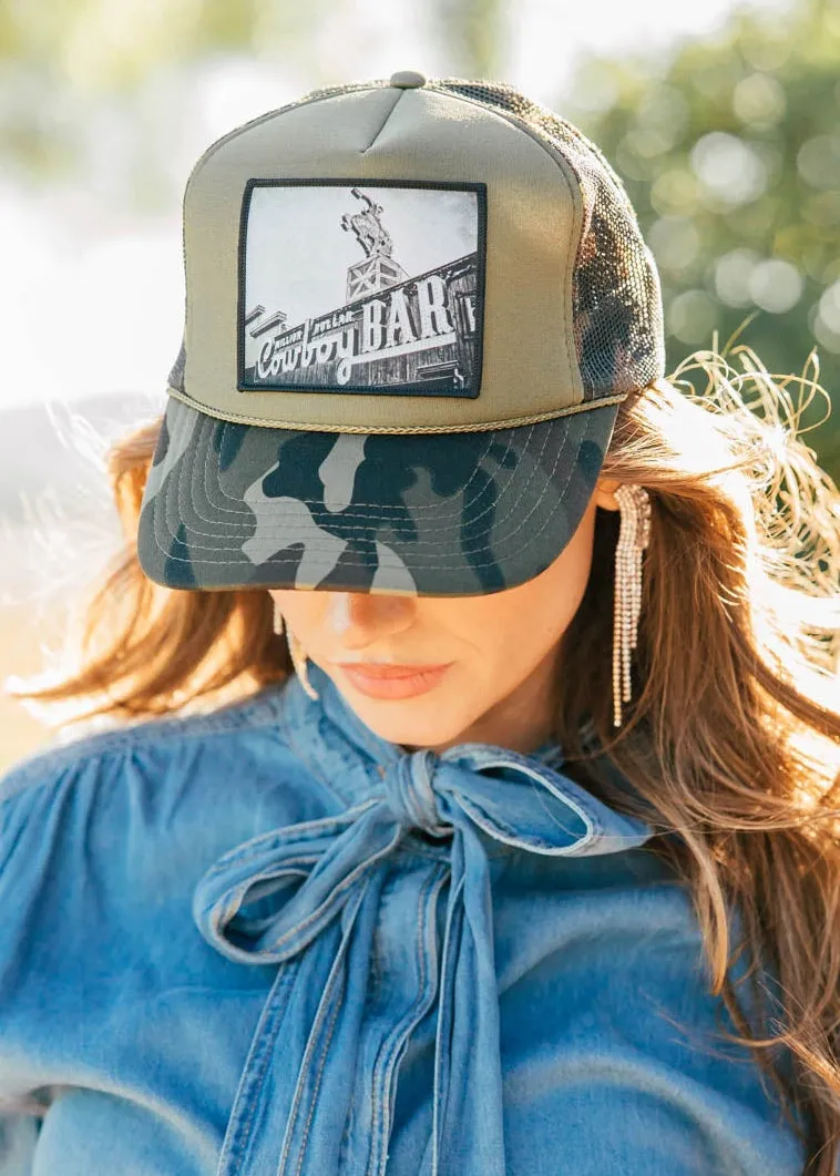 NEW!! "Cowboy Bar" Trucker Hat in Camo sold by Glitzy Bella