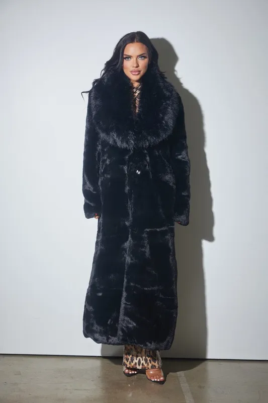 NEW!! "Front Row" Faux Fur Coat in Black sold by Glitzy Bella