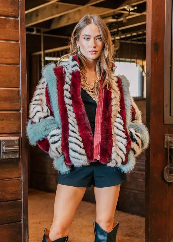 NEW!! Inez Faux Fur Jacket in Blue Multi sold by Glitzy Bella