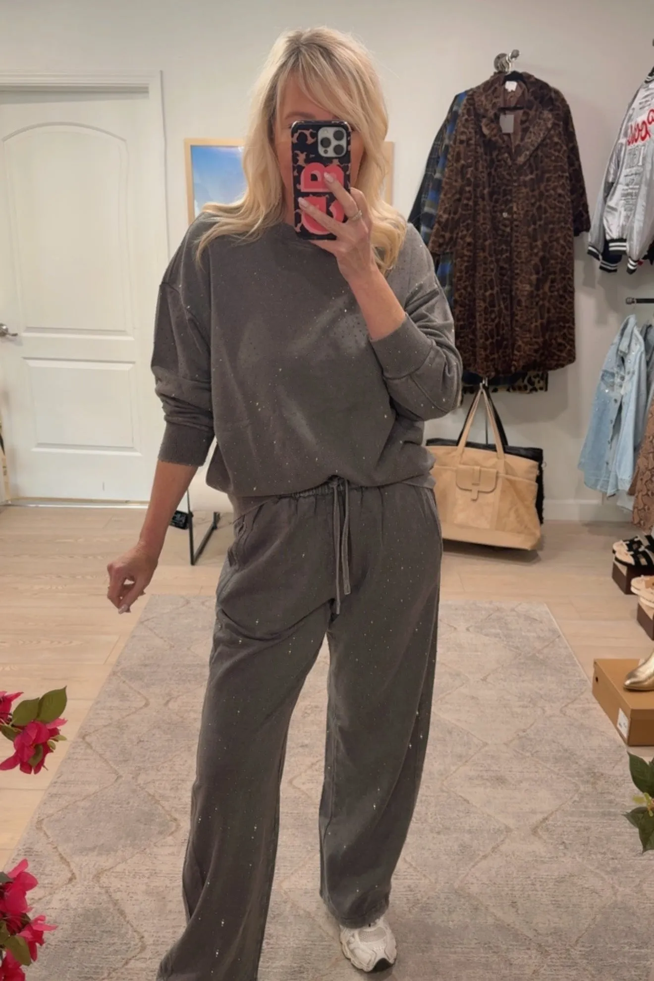 PREORDER!! "Off Duty" Rhinestone Sweatpants in Grey sold by Glitzy Bella