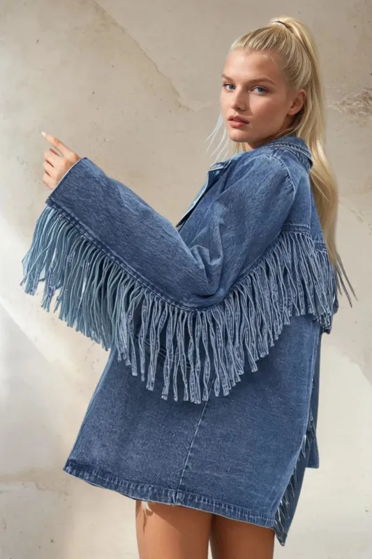 NEW!! "Status Symbol" Denim Fringe Blazer sold by Glitzy Bella