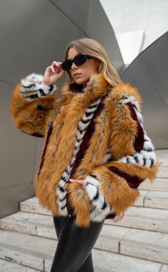 NEW!! Inez Faux Fur Jacket in Brown Multi sold by Glitzy Bella