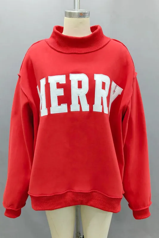 NEW!! "Merry" Mockneck Sweatshirt in Red sold by Glitzy Bella