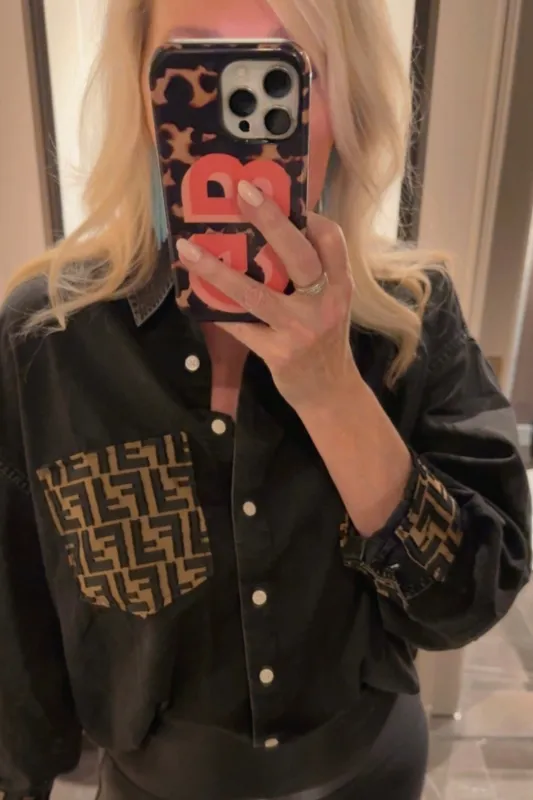 LIMITED EDITION!!  Designer Repurposed Denim Shirt w/ Designer Scarf Pocket & Cuff sold by Glitzy Bella