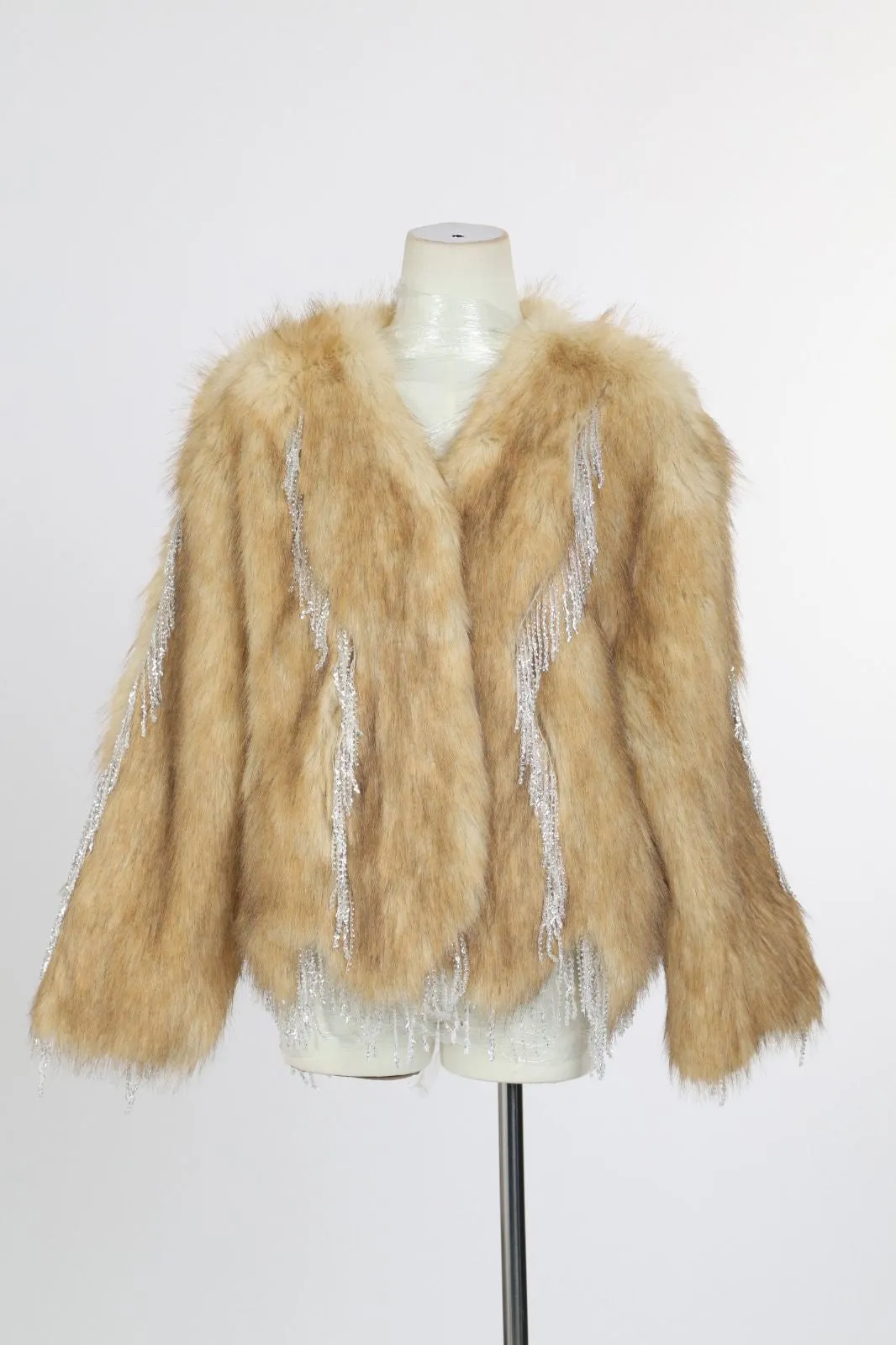 NEW!! "The Moment" Rhinestone Fringe Faux Fur Jacket sold by Glitzy Bella