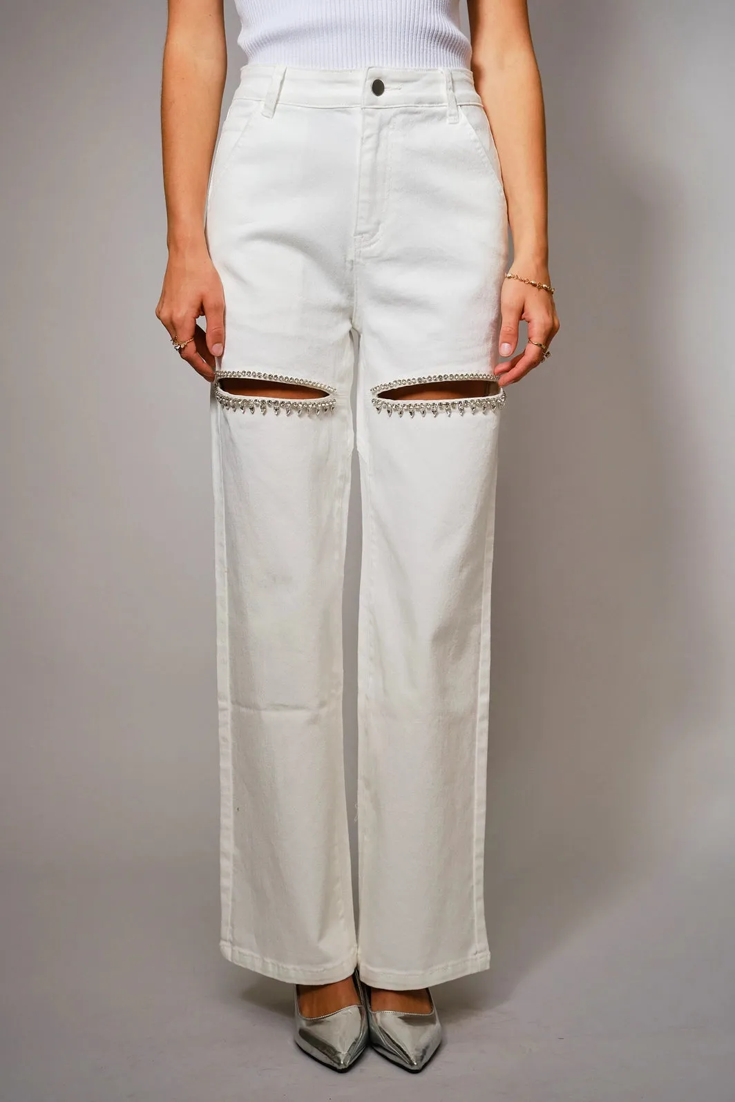 FINAL SALE!! The Nikki Denim Rhinestone Jean in White sold by Glitzy Bella