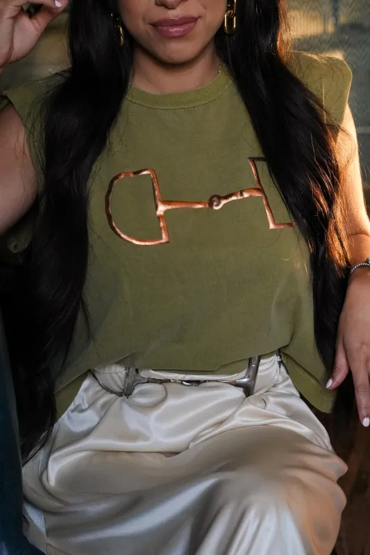 NEW!! "Metallic Cowgirl" Horsebit Muscle Tee in Olive sold by Glitzy Bella