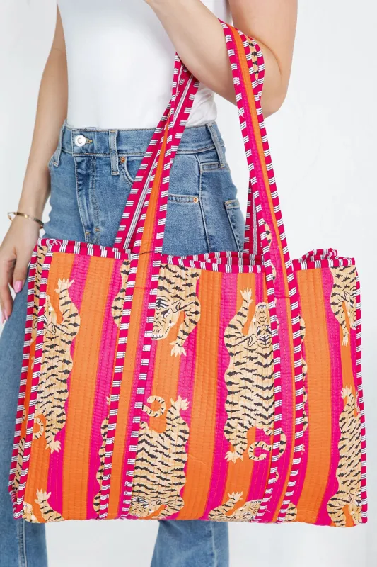 DOORBUSTER!! Tiger Print Reversible Tote in Orange sold by Glitzy Bella