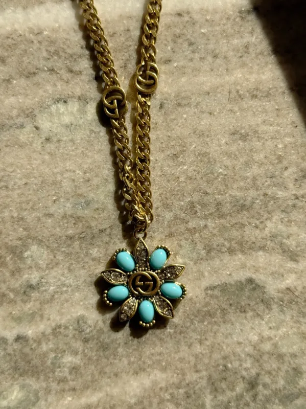 NEW!! Authentic Vintage Turquoise Flower Pendant Necklace sold by Glitzy Bella