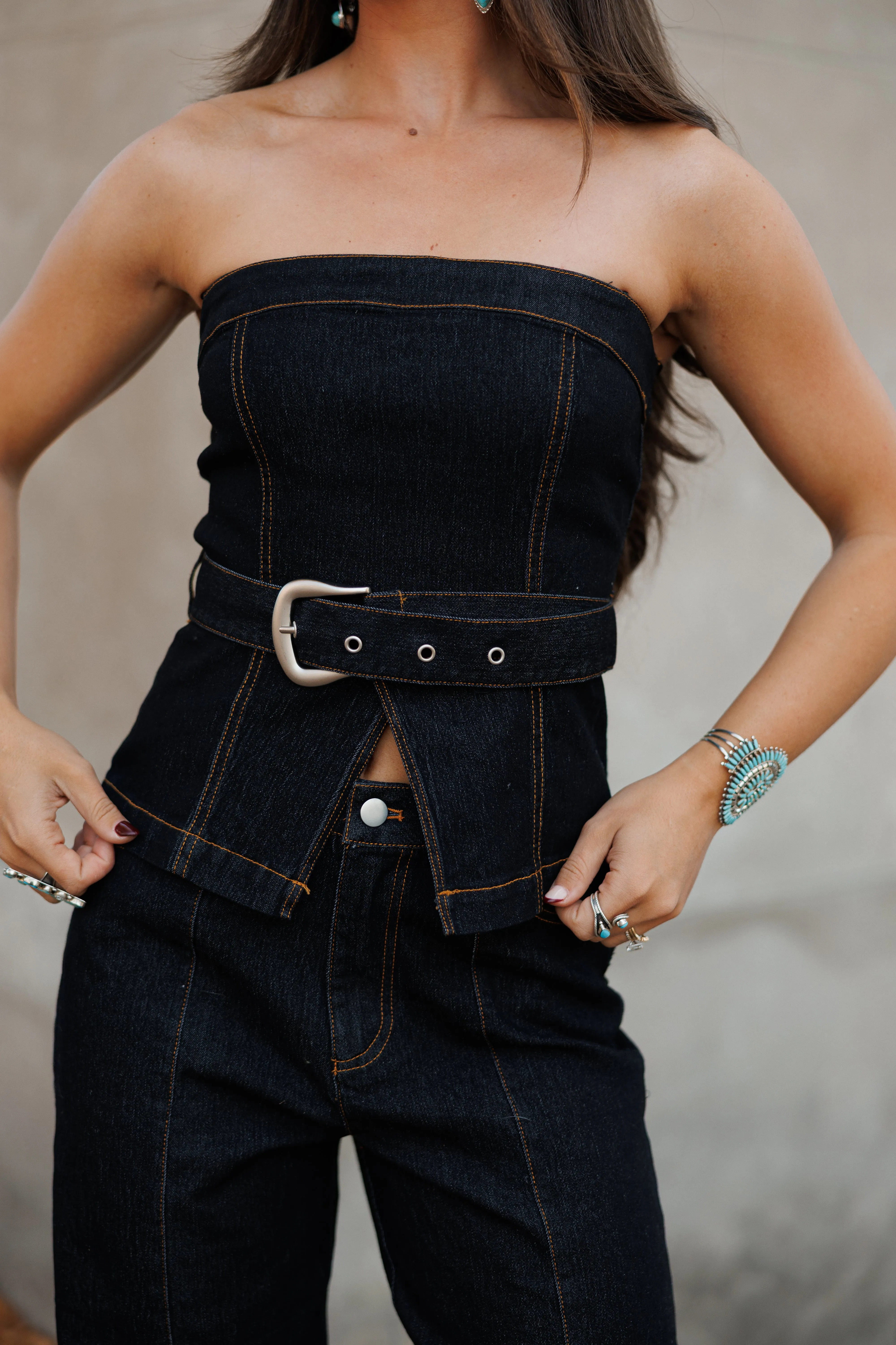 NEW!! Contrast Stitch Denim Crop Top sold by Glitzy Bella product image thumbnail 2