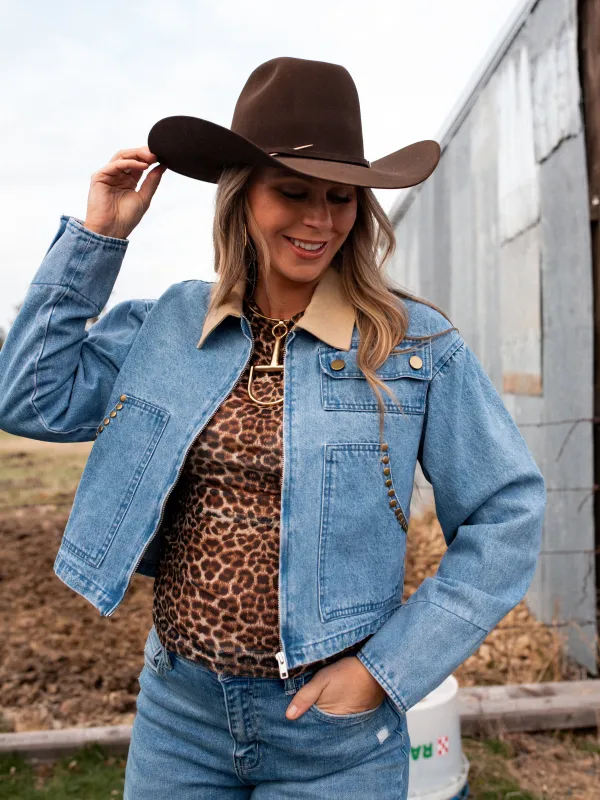 NEW!! "Prime Time" Cropped Denim Barn Jacket sold by Glitzy Bella