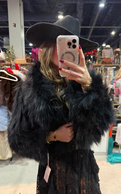 #GB10 Vintage Dyed Black Cropped Fox Fur Jacket sold by Glitzy Bella
