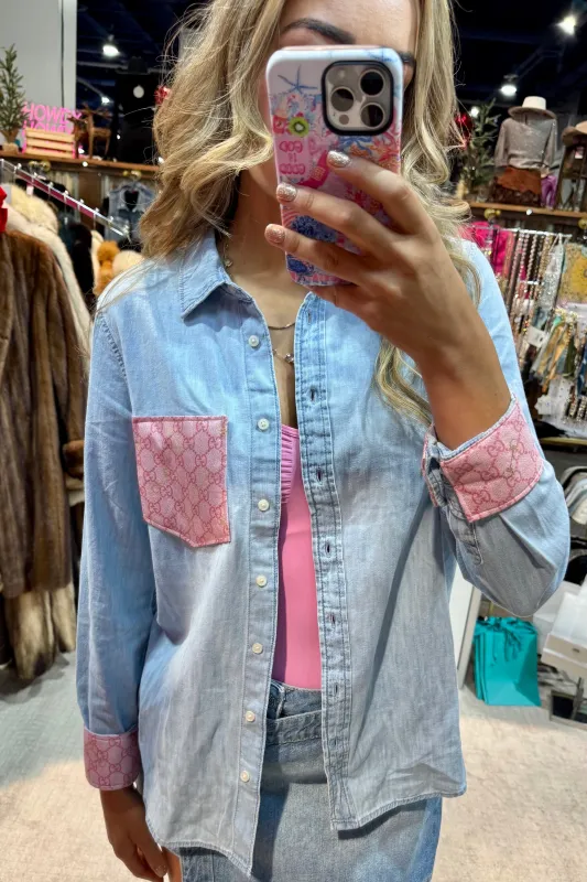 LIMITED EDITION!!  Designer Repurposed Denim Shirt w/ Designer Pink Scarf sold by Glitzy Bella