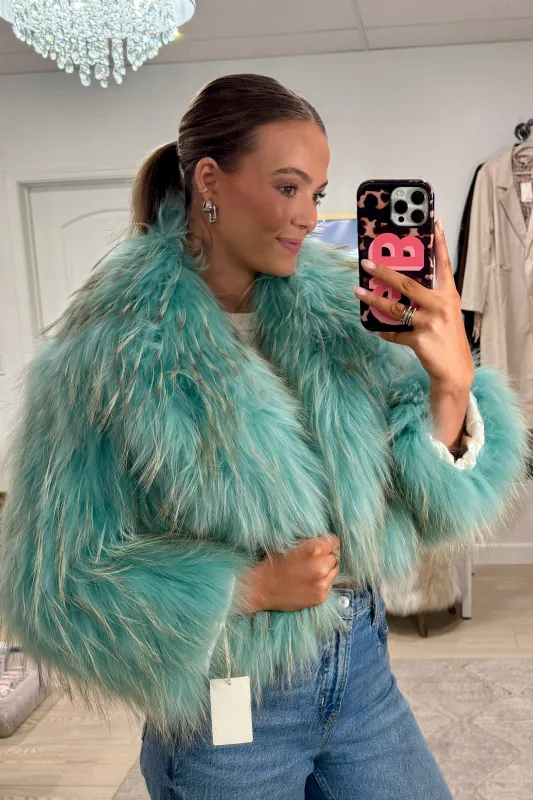#GB2 Vintage Dyed Turquoise Cropped Fox Fur Jacket sold by Glitzy Bella