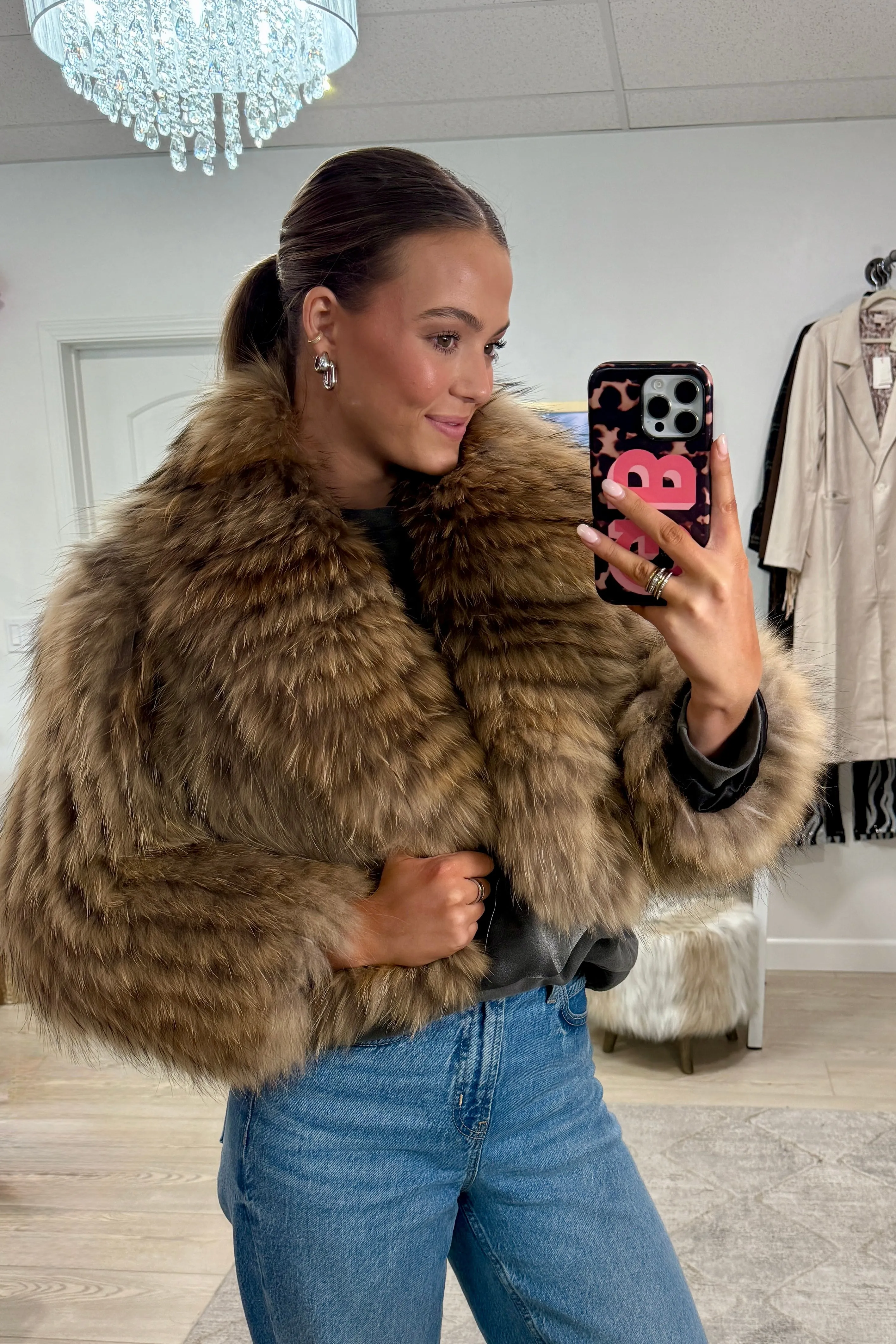 #GB11 Vintage Dyed Brown Cropped Fox Fur Jacket sold by Glitzy Bella