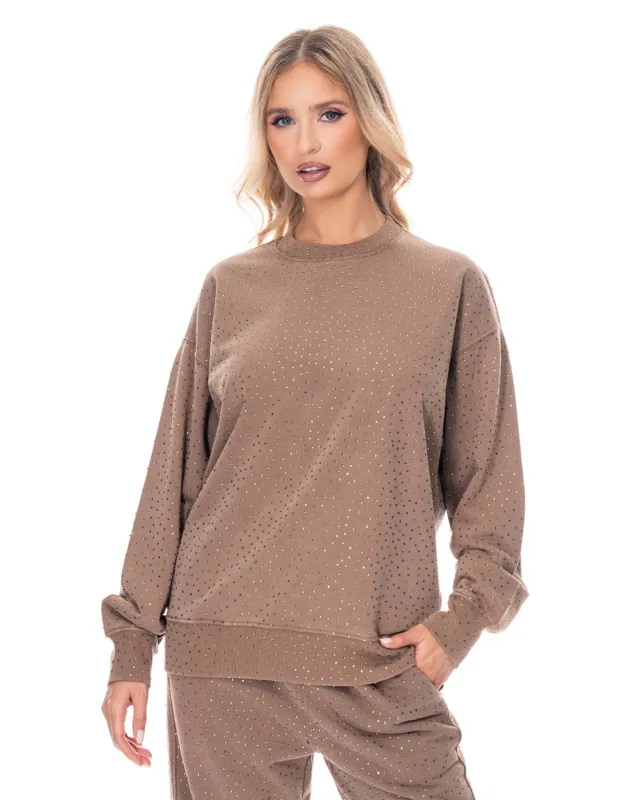 NEW!! "Off Duty" Rhinestone Sweatshirt in Brown sold by Glitzy Bella