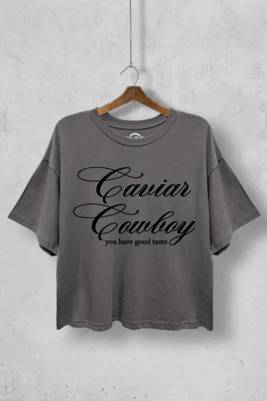 FINAL SALE!! Cowboy Caviar Cropped Graphic Tee in Grey made by Glitzy Bella