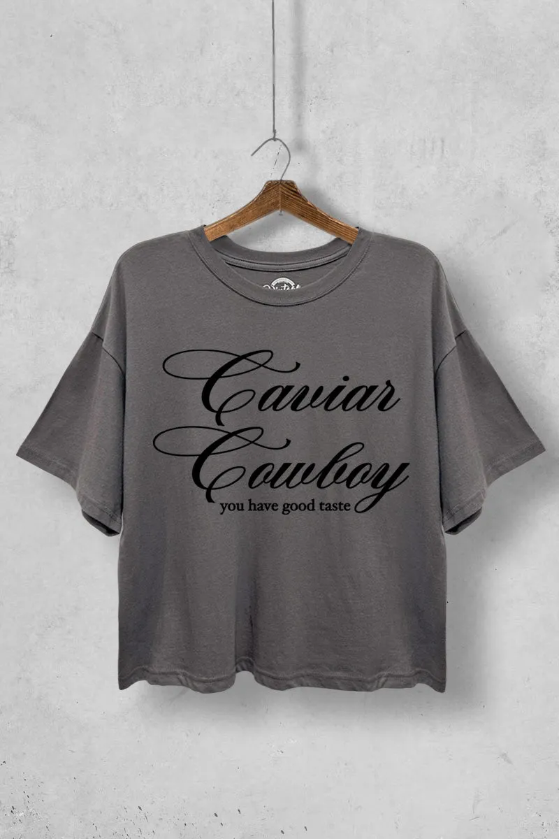 FINAL SALE!! Cowboy Caviar Cropped Graphic Tee in Grey sold by Glitzy Bella