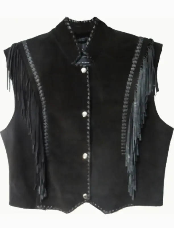 NEW!! Suede and Leather Fringe Vest in Black sold by Glitzy Bella