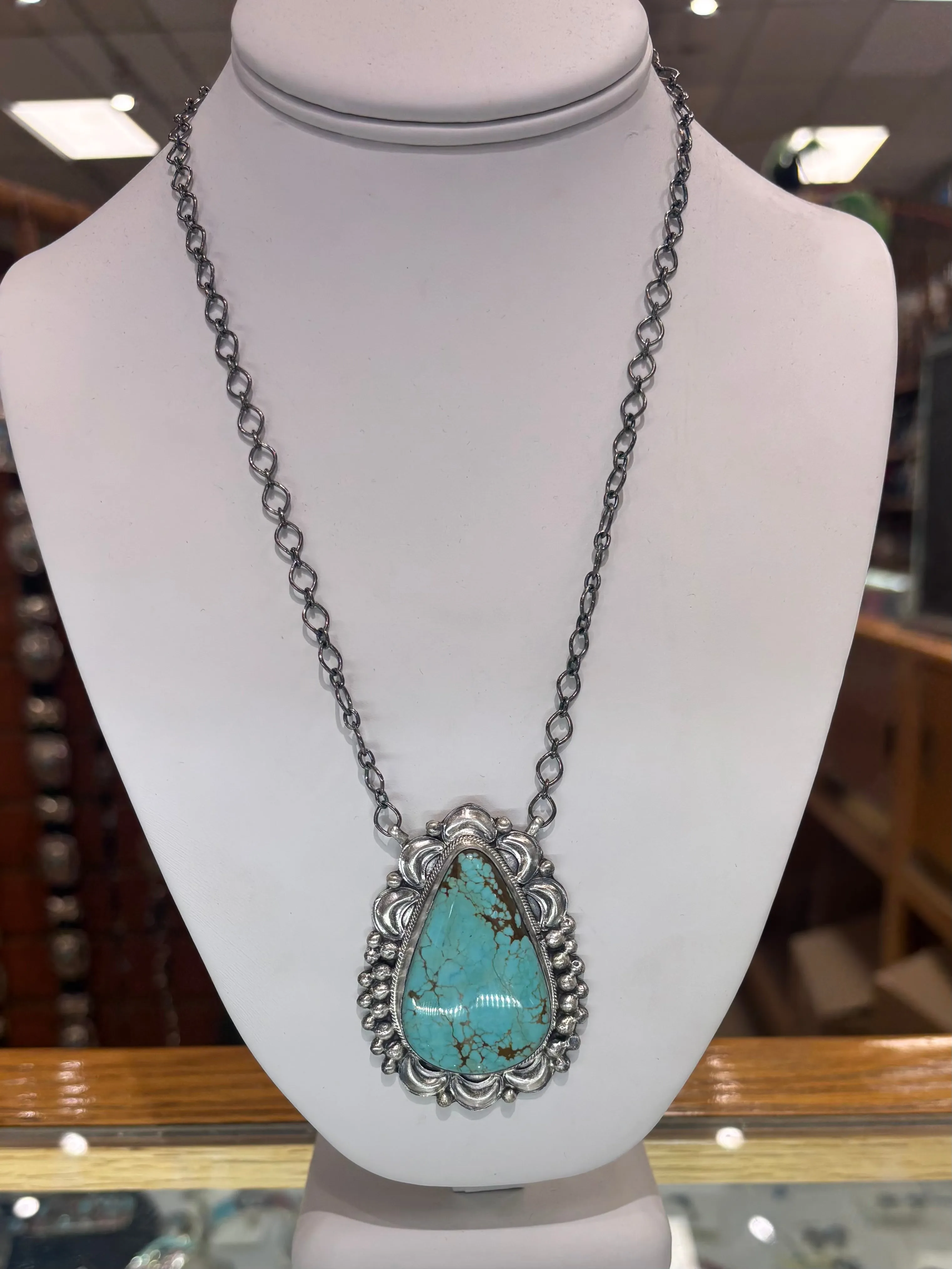 The “Dakota" Kingman Turquoise and Sterling Silver Necklace sold by Glitzy Bella