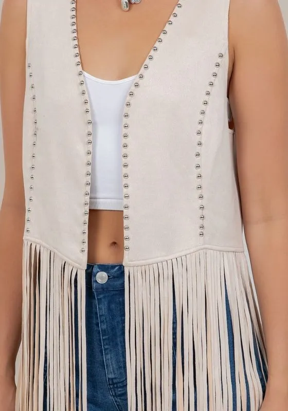 "Shania" Studded Suede Fringe Vest Shawl in Cream made by Glitzy Bella