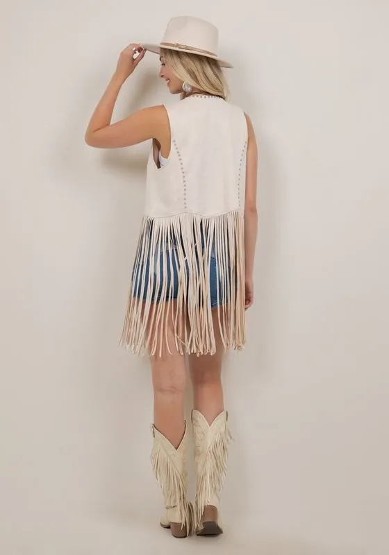 "Shania" Studded Suede Fringe Vest Shawl in Cream sold by Glitzy Bella product image thumbnail 3