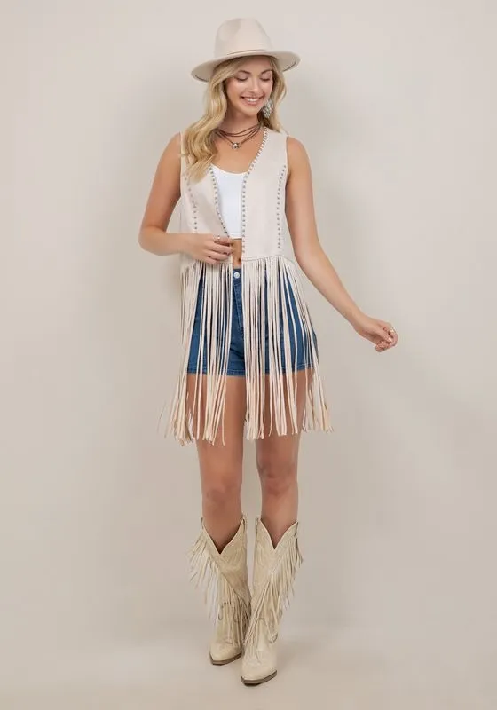 "Shania" Studded Suede Fringe Vest Shawl in Cream sold by Glitzy Bella product image thumbnail 2